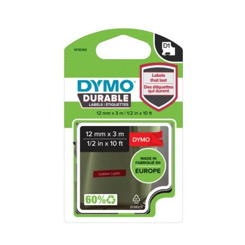 Feliratozógép szalag tartós Dymo D1 1978366 12mmx3m, EREDETI, fehér/piros