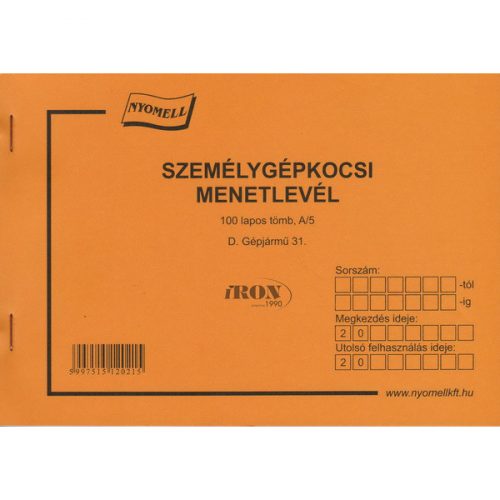 SZEMÉLYGÉPKOCSI MENETLEVÉL 100 LAPOS A/5 FEKVŐ SZEMÉLYGÉPKOCSI D.31